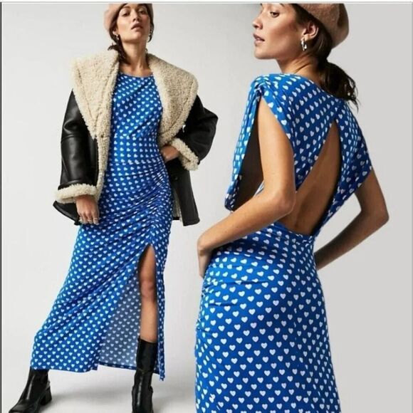 Free People Lakeside Midi DRESS M BLUE Printed Heart Stretch NEW $148 - Picture 1 of 13